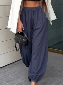Wide Pants Summer Women Cotton Blue Aladdin Trousers Balloons Ladies Oversized Navy Blue Women Baggy Pants Elastic Waist Capri