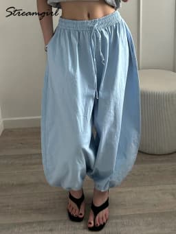 Wide Pants Summer Women Cotton Blue Aladdin Trousers Balloons Ladies Oversized Navy Blue Women Baggy Pants Elastic Waist Capri