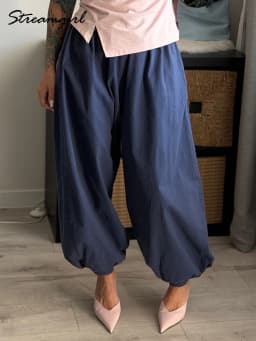 Wide Pants Summer Women Cotton Blue Aladdin Trousers Balloons Ladies Oversized Navy Blue Women Baggy Pants Elastic Waist Capri