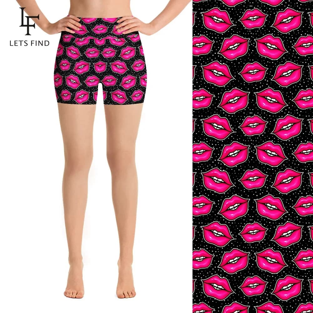 LETSFIND Fashion Sexy Women High Waist Elastic Short Pants Pink Lips Print Women Polyester Casual Leggings
