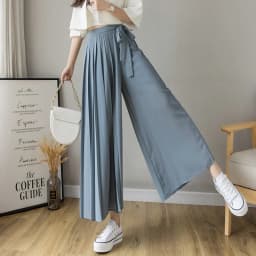2024 Spring Summer New Style Korean Women Pleated Chiffon Trousers High Waist Pants Hakama Casual Wide Leg Pantalones