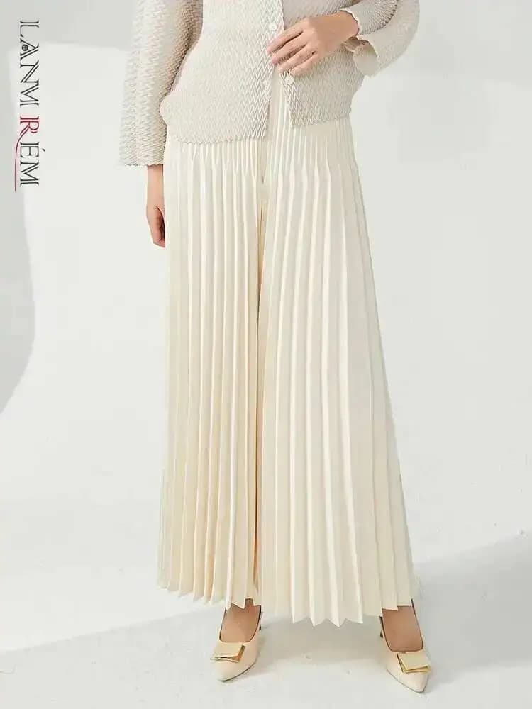 LANMREM Casual Loose Pleated Long Pants Women High Waist Solid Color Wide Leg Trousers Versatile 2024 Spring New 2AA4480