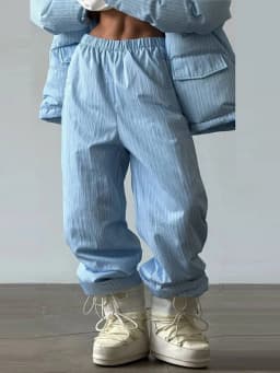 Women Vertical Stripe Puffer 2 Piece Set Hooded Zip‑Up Padded Jacket Elastic Waist Long Pants 2026 Winter Warm Cotton Streetwear