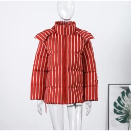 Women Vertical Stripe Puffer 2 Piece Set Hooded Zip‑Up Padded Jacket Elastic Waist Long Pants 2026 Winter Warm Cotton Streetwear