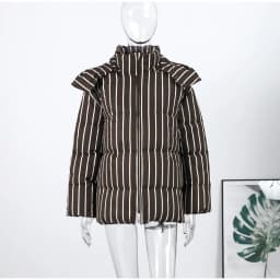 Women Vertical Stripe Puffer 2 Piece Set Hooded Zip‑Up Padded Jacket Elastic Waist Long Pants 2026 Winter Warm Cotton Streetwear