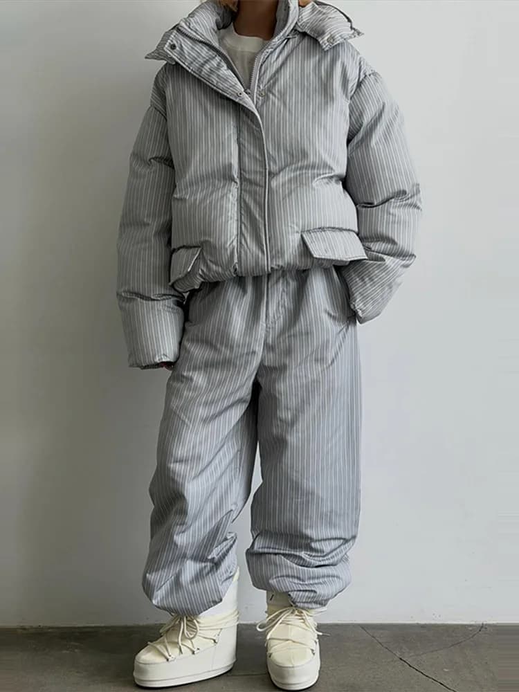 Women Vertical Stripe Puffer 2 Piece Set Hooded Zip‑Up Padded Jacket Elastic Waist Long Pants 2026 Winter Warm Cotton Streetwear