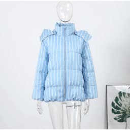 Women Vertical Stripe Puffer 2 Piece Set Hooded Zip‑Up Padded Jacket Elastic Waist Long Pants 2026 Winter Warm Cotton Streetwear