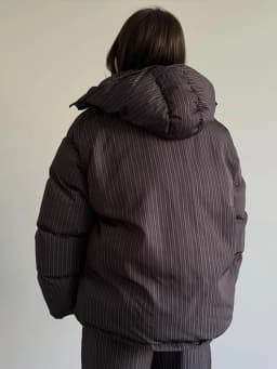 Women Vertical Stripe Puffer 2 Piece Set Hooded Zip‑Up Padded Jacket Elastic Waist Long Pants 2026 Winter Warm Cotton Streetwear