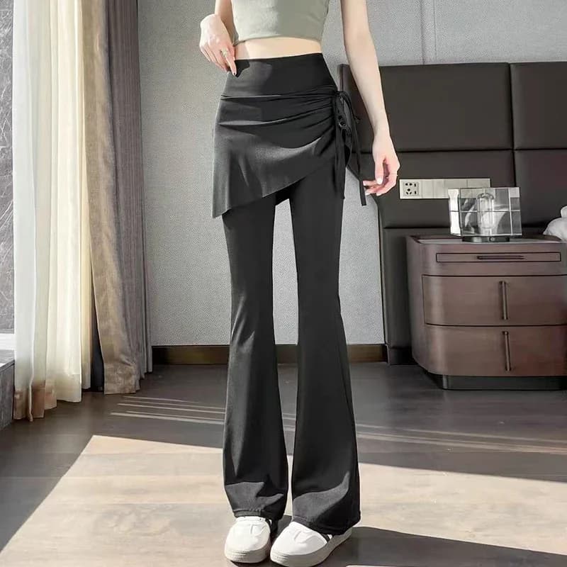 Korean Fake Two Piece Skirt Pants Women 2025 High Waist Elastic Yoga Dance Pants Woman Solid Drawstring Flares Trousers Female