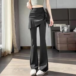 Korean Fake Two Piece Skirt Pants Women 2025 High Waist Elastic Yoga Dance Pants Woman Solid Drawstring Flares Trousers Female