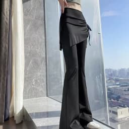 Korean Fake Two Piece Skirt Pants Women 2025 High Waist Elastic Yoga Dance Pants Woman Solid Drawstring Flares Trousers Female