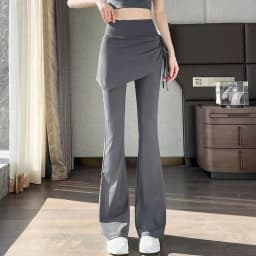 Korean Fake Two Piece Skirt Pants Women 2025 High Waist Elastic Yoga Dance Pants Woman Solid Drawstring Flares Trousers Female