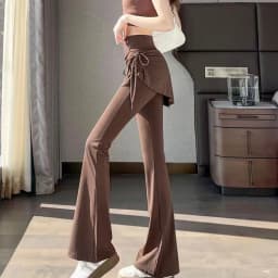 Korean Fake Two Piece Skirt Pants Women 2025 High Waist Elastic Yoga Dance Pants Woman Solid Drawstring Flares Trousers Female