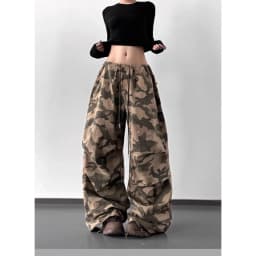 Summer Retro Camo High Waist Pants Loose Wide Leg Casual Trousers for Women Vintage Military Style