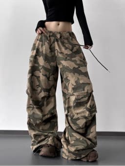 Summer Retro Camo High Waist Pants Loose Wide Leg Casual Trousers for Women Vintage Military Style