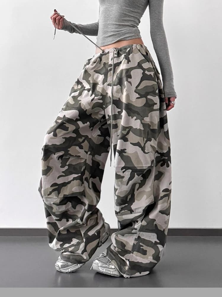 Summer Retro Camo High Waist Pants Loose Wide Leg Casual Trousers for Women Vintage Military Style