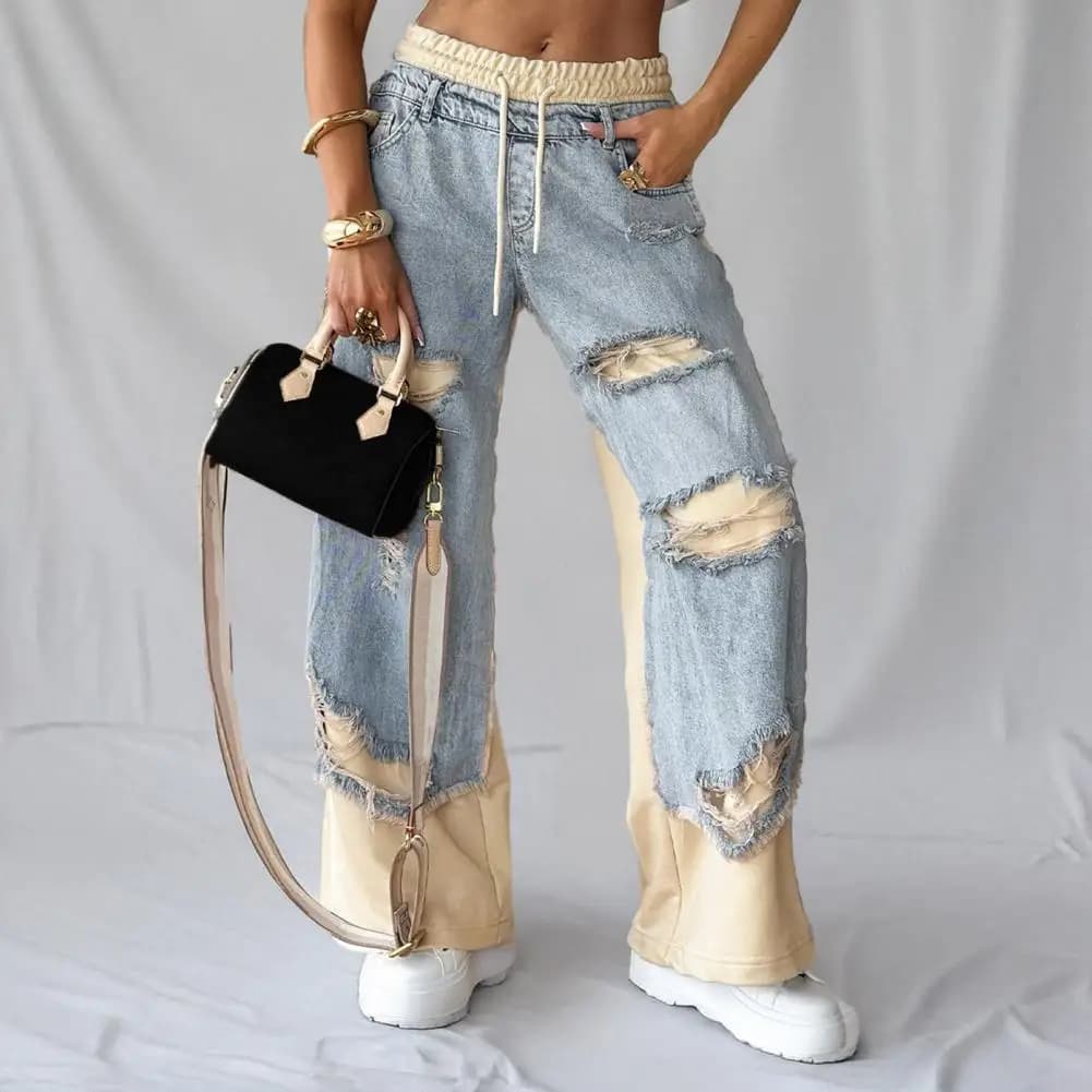 Summer Women's Large Hole Patchwork Jeans High Waist Wide Legs Trousers Cool Girl Casual Bottoms Female Denim Pants