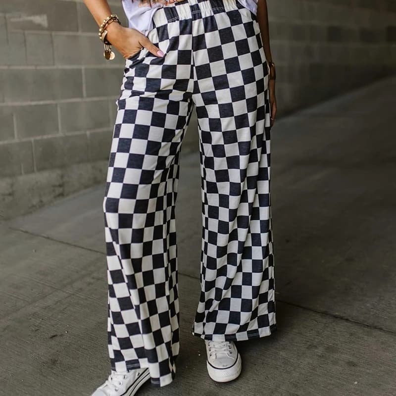 Womens Checkered Wide Leg Pants Vintage High Elastic Waist Straight Loose Fit Lounge Trouser Teen Girl Harajuku Streetwear