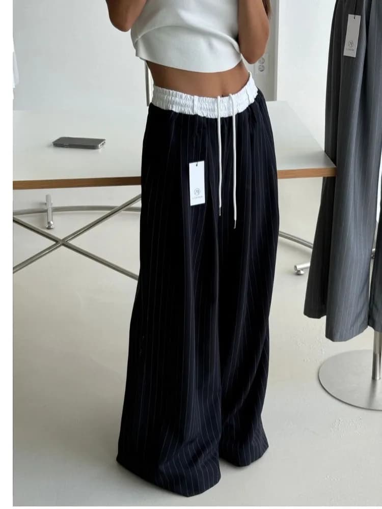 Fashionable Korean Style Wide Leg Pants Striped Drawstring Suit Trousers Women Casual Loose Comfortable Design Sensation