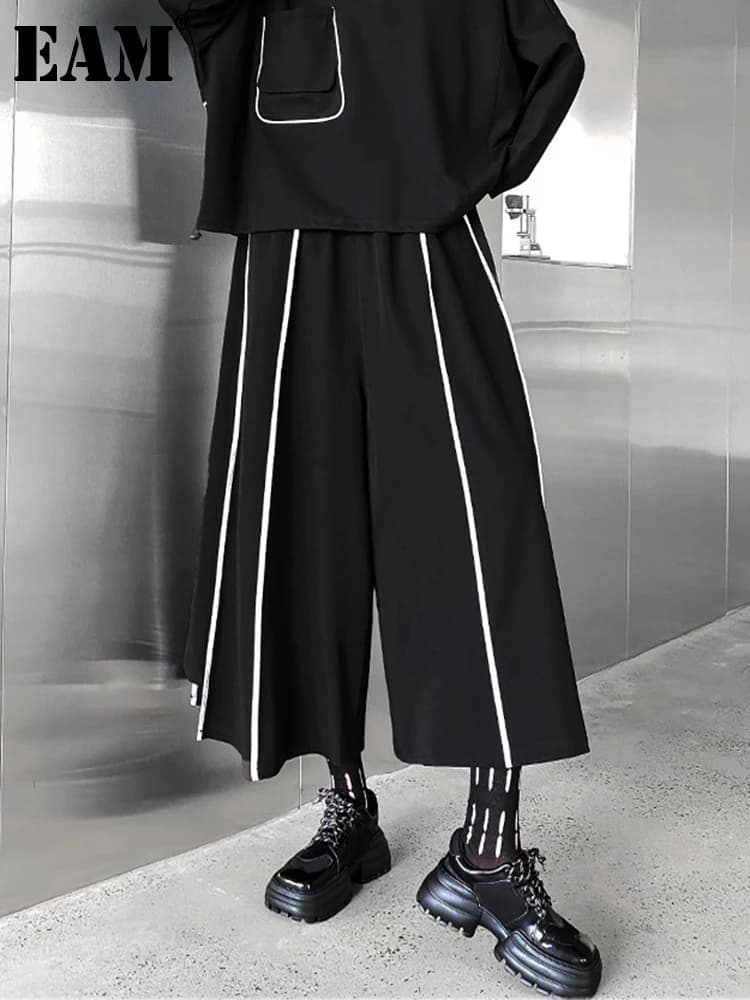 [EAM] High Elastic Waist Black Striped Long Wide Leg Pants New Loose Fit Trousers Women Fashion Tide Spring Autumn 2026 1DF1509