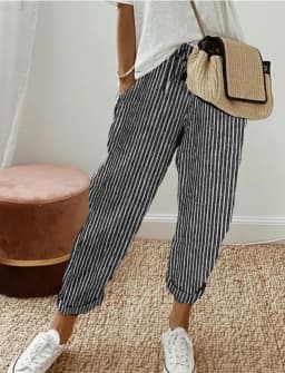 2025 New Women's Trousers Stripes Casual Loose Fashion Elastic Waist Pocket Straight Basic Pants