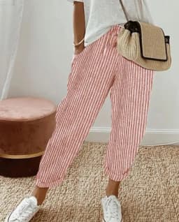 2025 New Women's Trousers Stripes Casual Loose Fashion Elastic Waist Pocket Straight Basic Pants