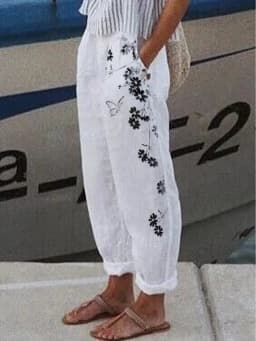 Cotton Linen Elegant New Spring Summer Women Pants Floral Print Pocket Pant Lady Casual Streetwear Trousers