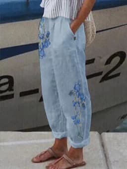 Cotton Linen Elegant New Spring Summer Women Pants Floral Print Pocket Pant Lady Casual Streetwear Trousers