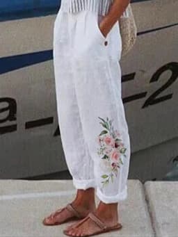 Cotton Linen Elegant New Spring Summer Women Pants Floral Print Pocket Pant Lady Casual Streetwear Trousers