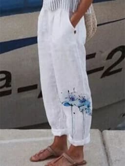 Cotton Linen Elegant New Spring Summer Women Pants Floral Print Pocket Pant Lady Casual Streetwear Trousers
