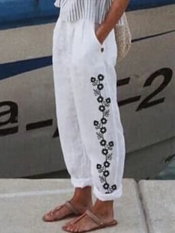 Cotton Linen Elegant New Spring Summer Women Pants Floral Print Pocket Pant Lady Casual Streetwear Trousers