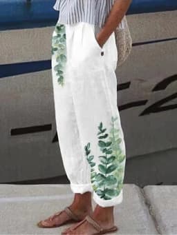 Cotton Linen Elegant New Spring Summer Women Pants Floral Print Pocket Pant Lady Casual Streetwear Trousers