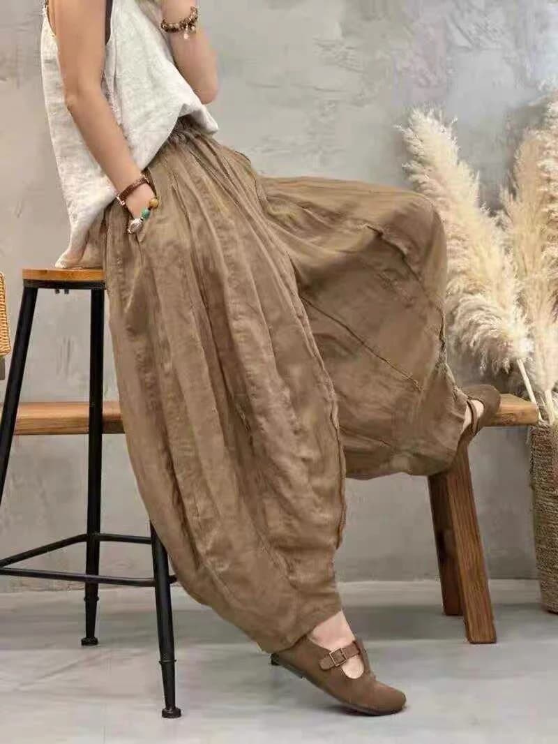 Retro Patchwork Hemp Lantern Pants Women's Summer plus Size Slimming Pumpkin Cotton Linen Multi-Panel Frayed Wide Leg Pants