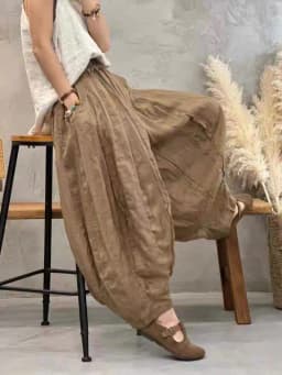 Retro Patchwork Hemp Lantern Pants Women's Summer plus Size Slimming Pumpkin Cotton Linen Multi-Panel Frayed Wide Leg Pants
