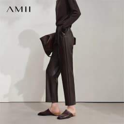 AMII Minimalist Women's Casual Pants 2026 Autumn Streetwear Loose Fit Black Pants Ankle-Length PU Leather Lady Trousers 12523102