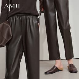 AMII Minimalist Women's Casual Pants 2026 Autumn Streetwear Loose Fit Black Pants Ankle-Length PU Leather Lady Trousers 12523102