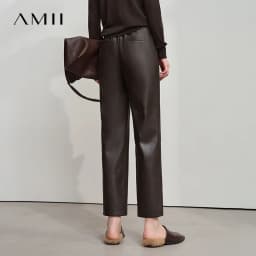 AMII Minimalist Women's Casual Pants 2026 Autumn Streetwear Loose Fit Black Pants Ankle-Length PU Leather Lady Trousers 12523102