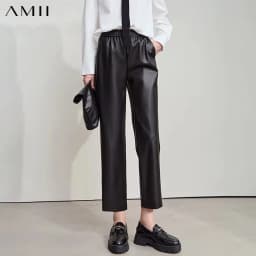 AMII Minimalist Women's Casual Pants 2026 Autumn Streetwear Loose Fit Black Pants Ankle-Length PU Leather Lady Trousers 12523102