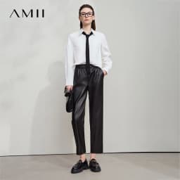 AMII Minimalist Women's Casual Pants 2026 Autumn Streetwear Loose Fit Black Pants Ankle-Length PU Leather Lady Trousers 12523102