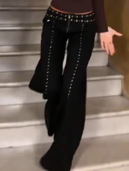 Women Cool Riveted Low Waisted Black Jeans Fashion Floor Length Wide Leg Pants Chic Versatile Pant 2025 New Lady Commute Clothes