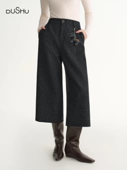 DUSHU Plus-Size Gray Wool Blend Fine Check Cropped Casual Pants 2025 Winter High-Waisted Calf-length Straight British Style