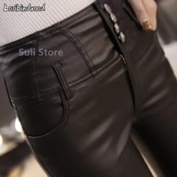 2023 Winter Warm Women Pants Dropshipping Female PU Leather Velvet Trousers Elastic Pencil Skinny pants Women's Tight pants