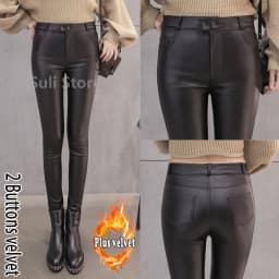 2023 Winter Warm Women Pants Dropshipping Female PU Leather Velvet Trousers Elastic Pencil Skinny pants Women's Tight pants