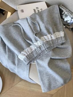 Korean Fashion Solid Pants Female Gray Lace Patchwork Sweatpants Women High Waist Casual Loose Trousers Elegant Wide Leg Pants