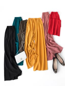 SuyaDream Women Wide Leg Pants 100%Real Silk Solid Elastic Waisted Ankle-length 2025 Office Spring Autumn Chic Trousers Black