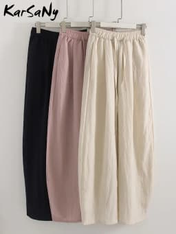 KarSaNy Summer Lyocell Wide Leg Pants Women Baggy High Waist Pink Thin Loose Long Navy Blue Linen Pants Women Summer Trousers