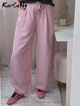 KarSaNy Summer Lyocell Wide Leg Pants Women Baggy High Waist Pink Thin Loose Long Navy Blue Linen Pants Women Summer Trousers