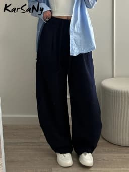 KarSaNy Summer Lyocell Wide Leg Pants Women Baggy High Waist Pink Thin Loose Long Navy Blue Linen Pants Women Summer Trousers