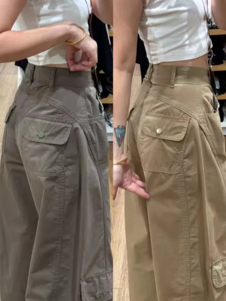 Fashion High Waist Straight Leg Workwear Trousers Women's Spring Autumn Casual American Style Multiple Pockets Loose Fit Wide Le