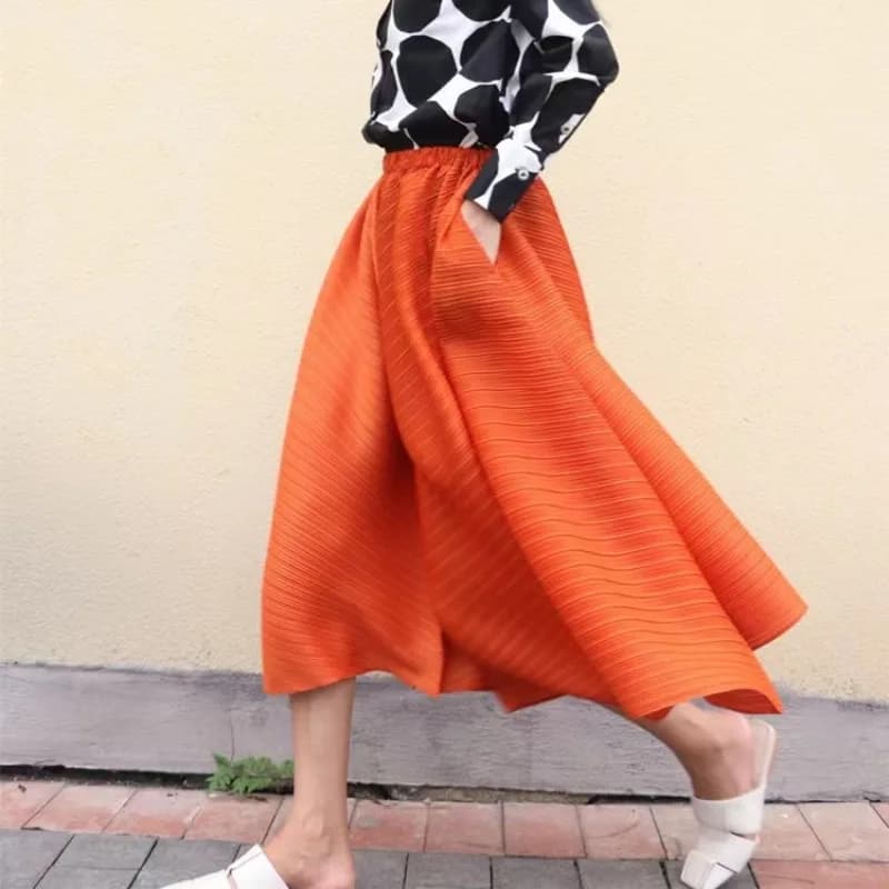 2026 New Summer Miyake Style Pleated Culottes Irregular Skirts Women Elastic High Waisted Korean Loose Wide-leg Pants